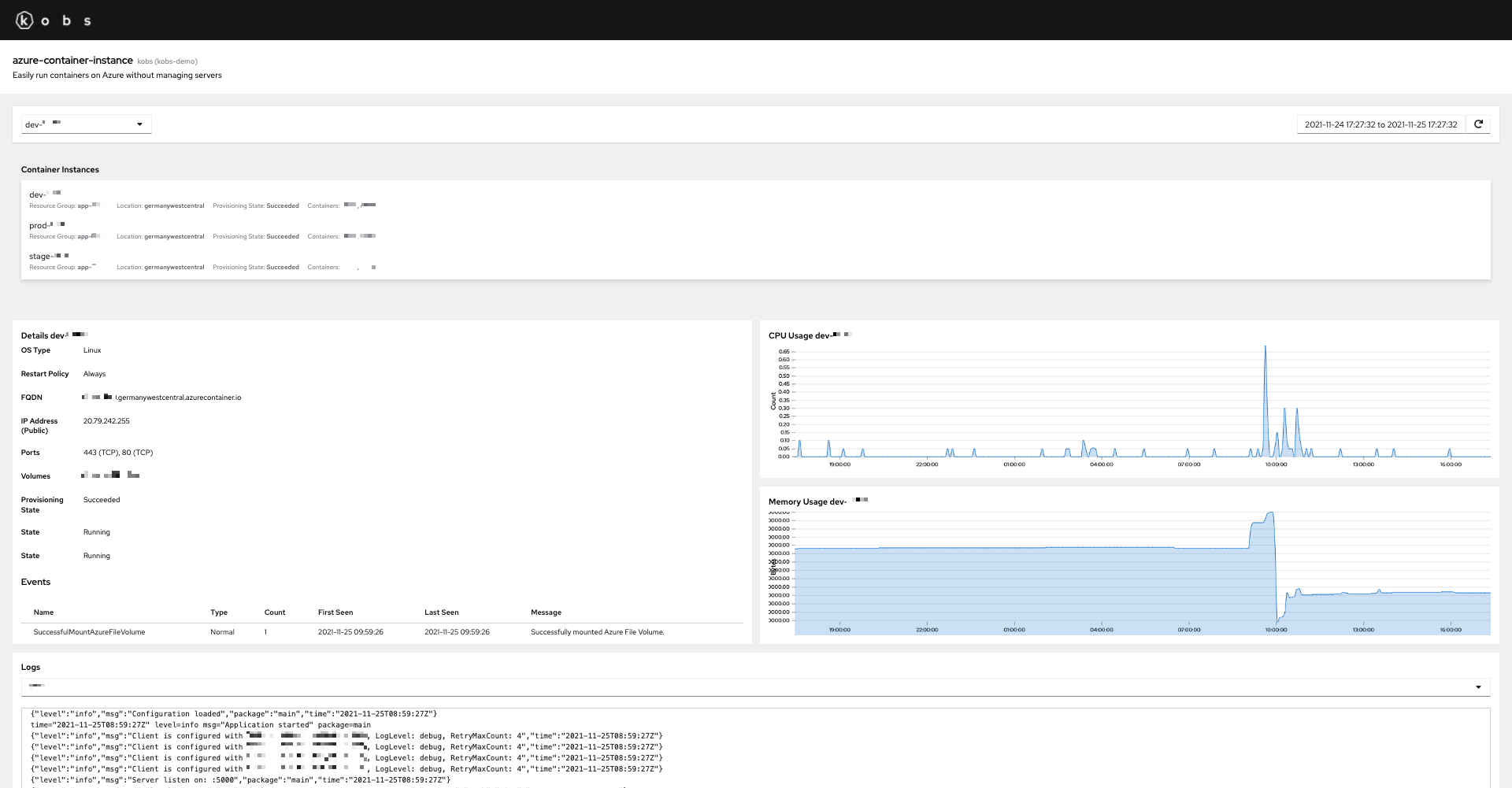 Azure Container Instances Dashboard